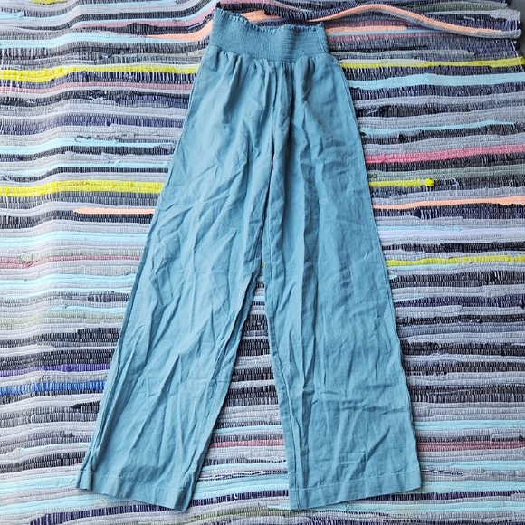 Love Tree Blue/ Green Wide-Leg Linen Blend Pants Stretch Waist Size Small euc Co - Picture 1 of 4